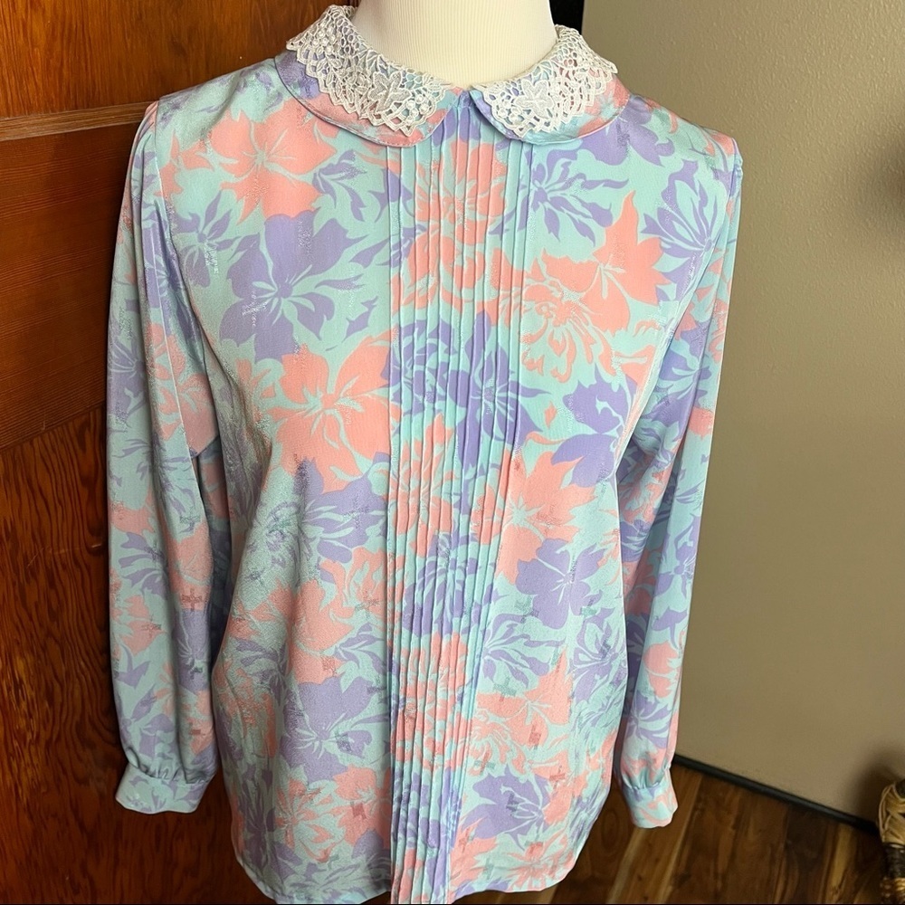 Vintage Grandmacore Blouse Womens Medium Pastel‎ Floral Long Sleeve Lace Collar